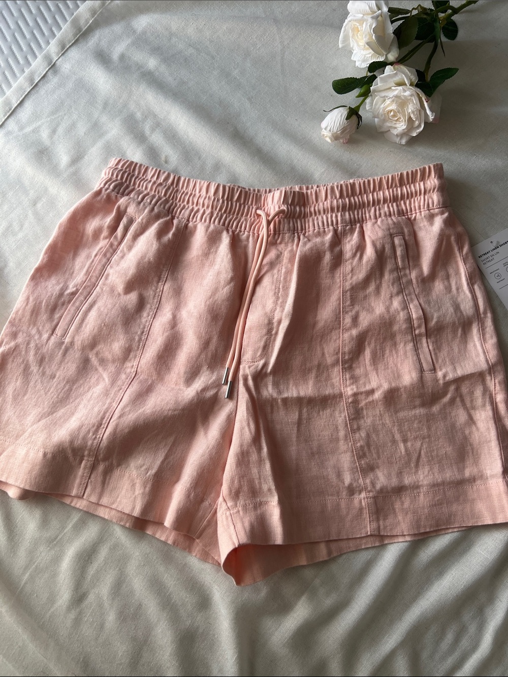 Athleta High-Waist Drawstring Linen-Blend Shorts in Soft Pink